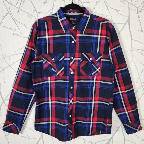 21 Men Navy Red Plaid 100% Cotton Button Front Shirt - Picture 1 of 4